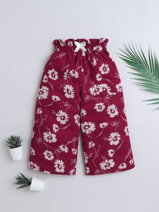 The Magic Wand Rayon Floral Printed Full Length Palazzo With Lace Bow Maroon