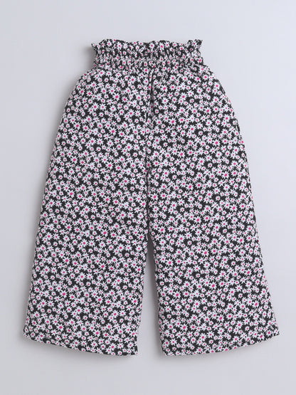 The Magic Wand Rayon Floral Printed Full Length Palazzo With Lace Bow Black