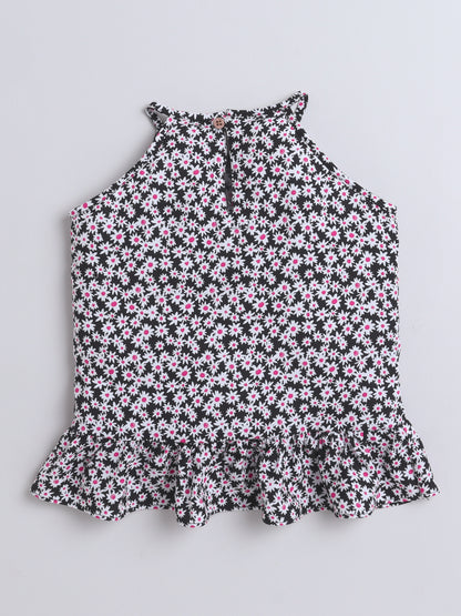 Rayon Floral Printed Frill Detailed Incut Top-Black