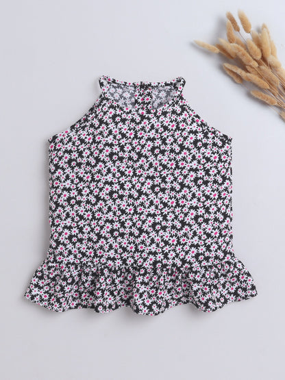 Rayon Floral Printed Frill Detailed Incut Top-Black