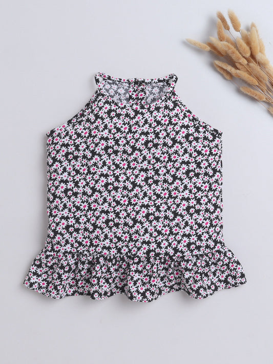 Rayon Floral Printed Frill Detailed Incut Top-Black