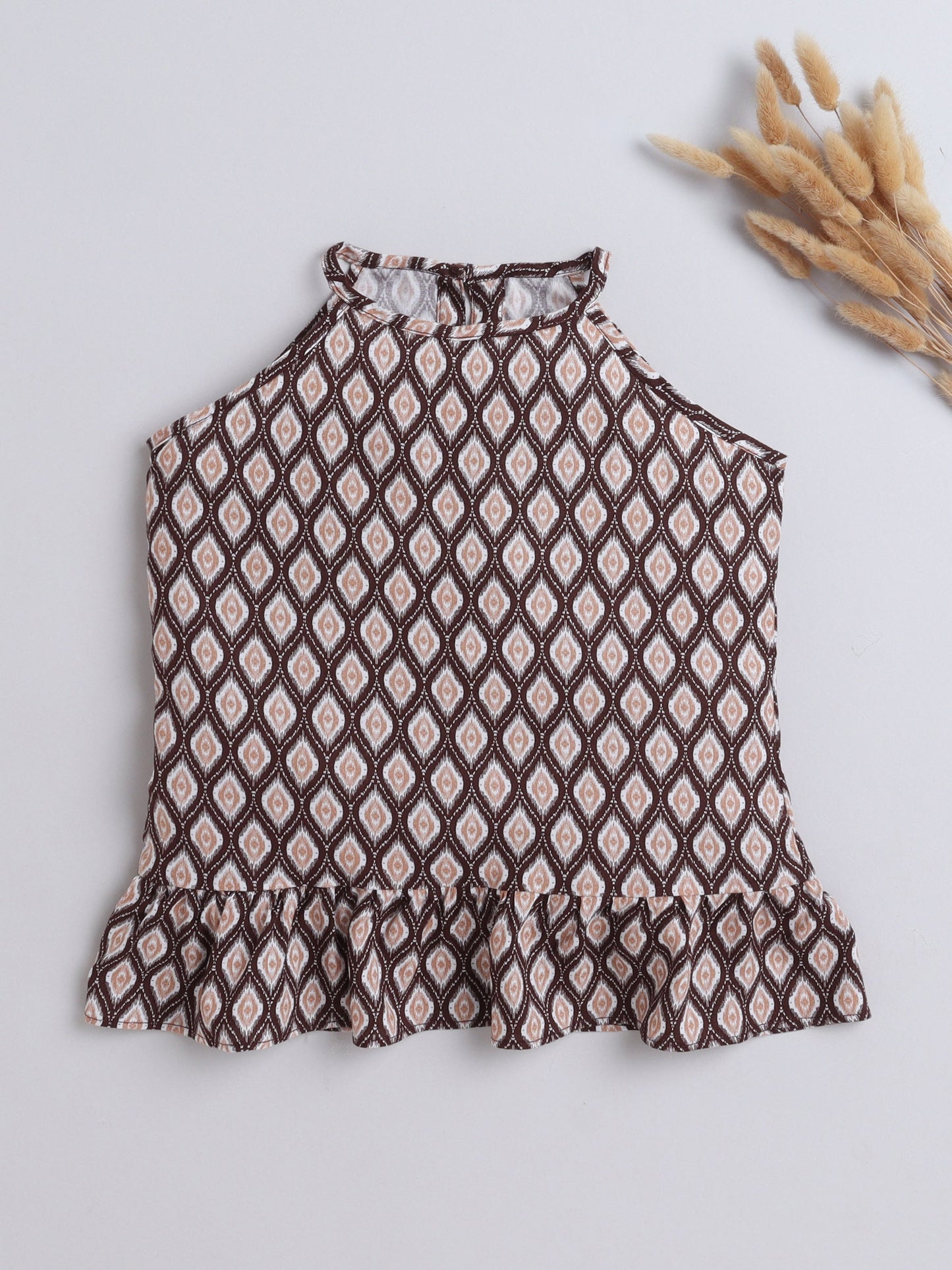 Rayon Ikat Printed Frill Detailed Incut Top-Brown