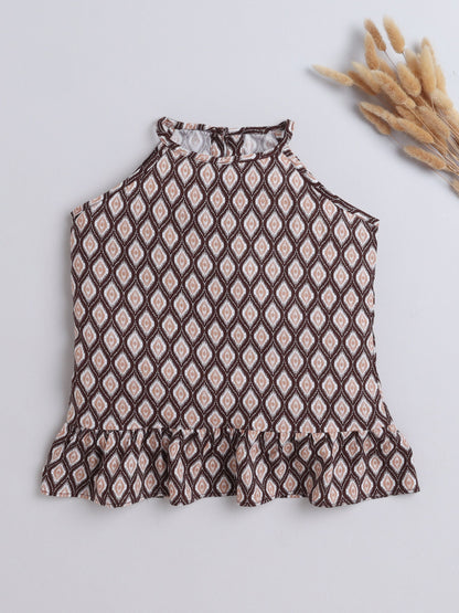 Rayon Ikat Printed Frill Detailed Incut Top-Brown