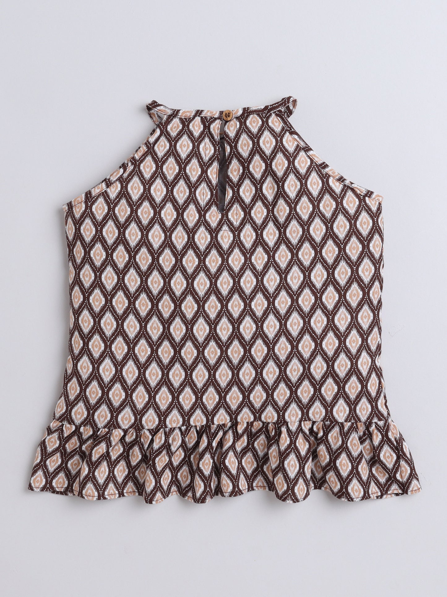 Rayon Ikat Printed Frill Detailed Incut Top-Brown