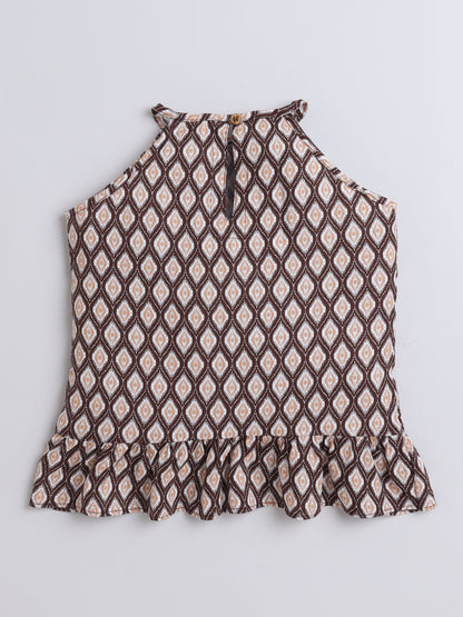 Rayon Ikat Printed Frill Detailed Incut Top-Brown
