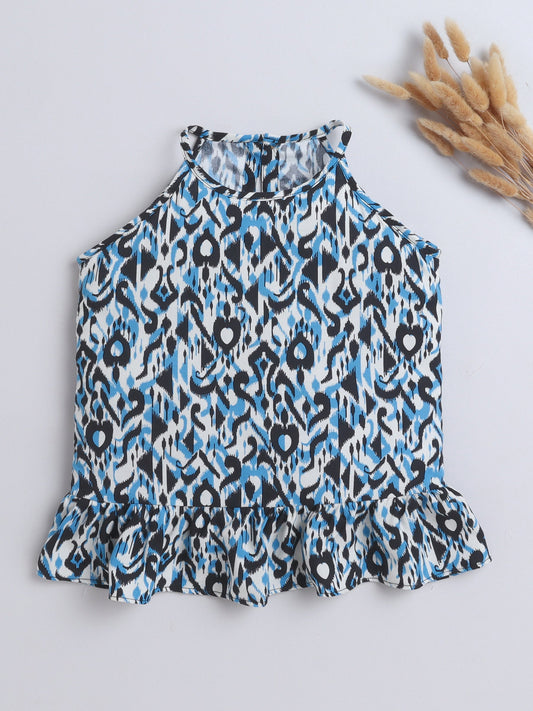 Rayon Abstract Printed Frill Detailed Incut Top-Black