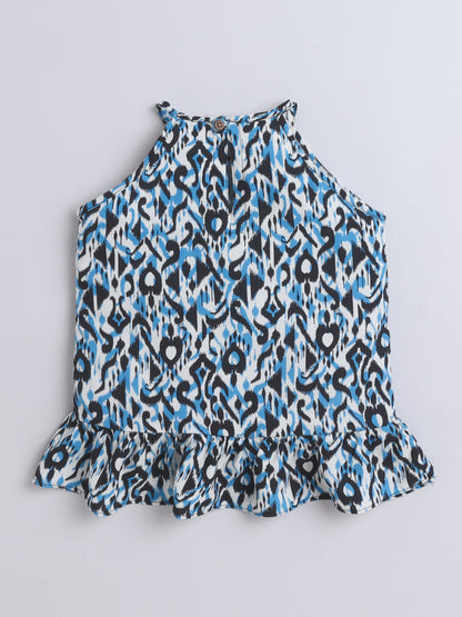 Rayon Abstract Printed Frill Detailed Incut Top-Black