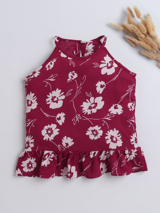 Rayon Floral Printed Frill Detailed Incut Top-Maroon