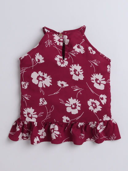 The Magic Wand Rayon Floral Printed Frill Detailed Incut Top Maroon