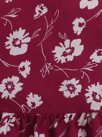 Rayon Floral Printed Frill Detailed Incut Top-Maroon