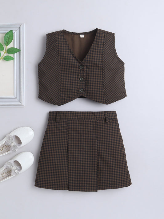 Cotton Sleeveless Checked Coordinating Waist Coat-And Skirt Set - Green