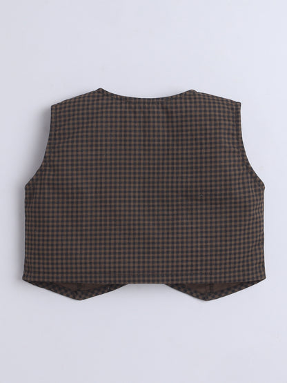 Cotton Sleeveless Checked Coordinating Waist Coat-And Skirt Set - Green