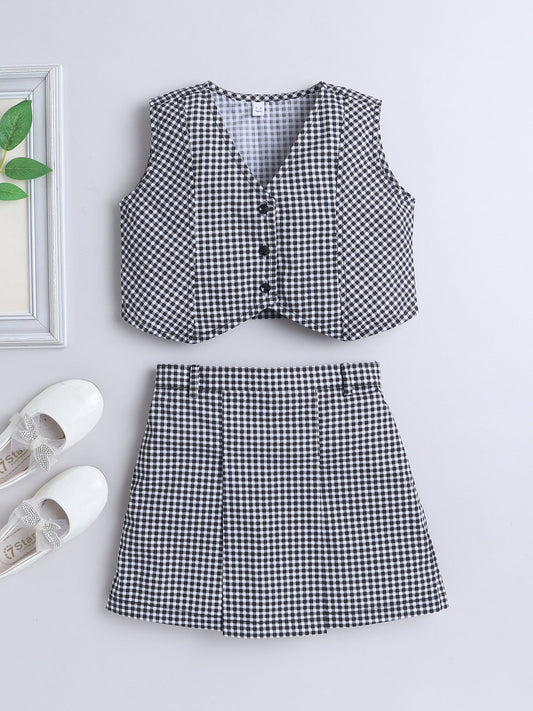 Cotton Sleeveless Checked Coordinating Waist Coat And Skirt Set - Black