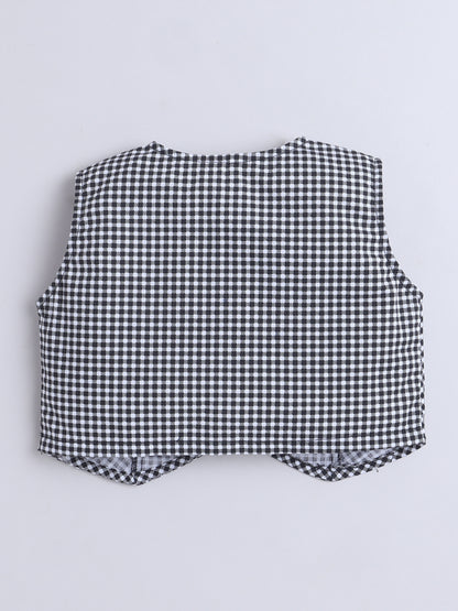 Cotton Sleeveless Checked Coordinating Waist Coat And Skirt Set - Black
