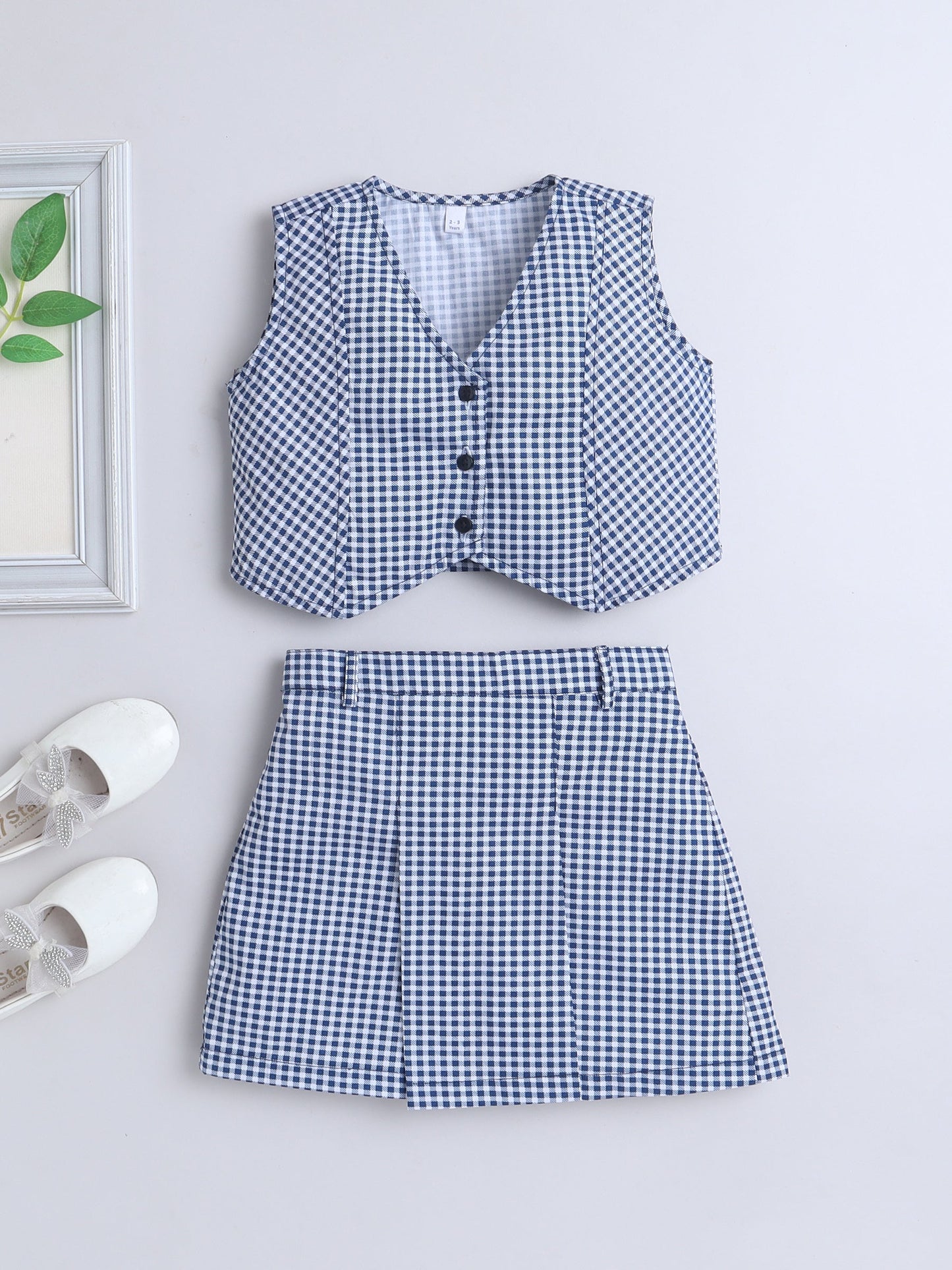 Cotton Sleeveless Checked Coordinating Waist Coat And Skirt Set - Blue