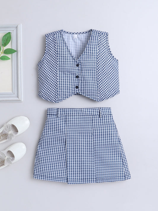 Cotton Sleeveless Checked Coordinating Waist Coat And Skirt Set - Blue