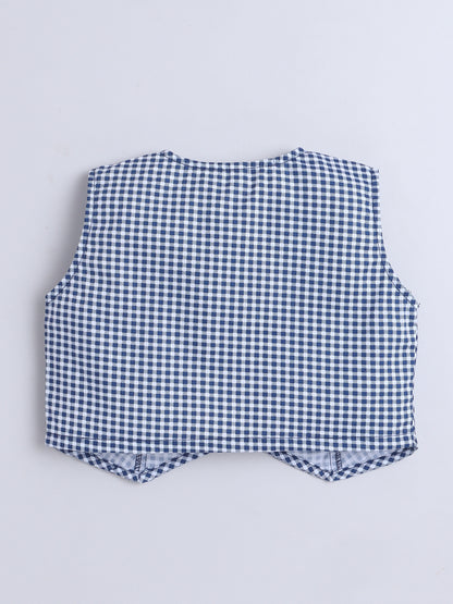 Cotton Sleeveless Checked Coordinating Waist Coat And Skirt Set - Blue