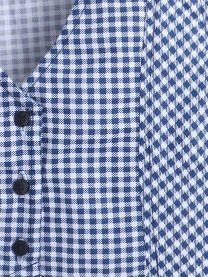 Cotton Sleeveless Checked Coordinating Waist Coat And Skirt Set - Blue