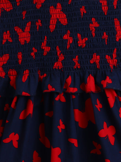 The Magic Wand Sleeveless Smoke Detail Butterfly Printed Frill Dress -Navy Blue