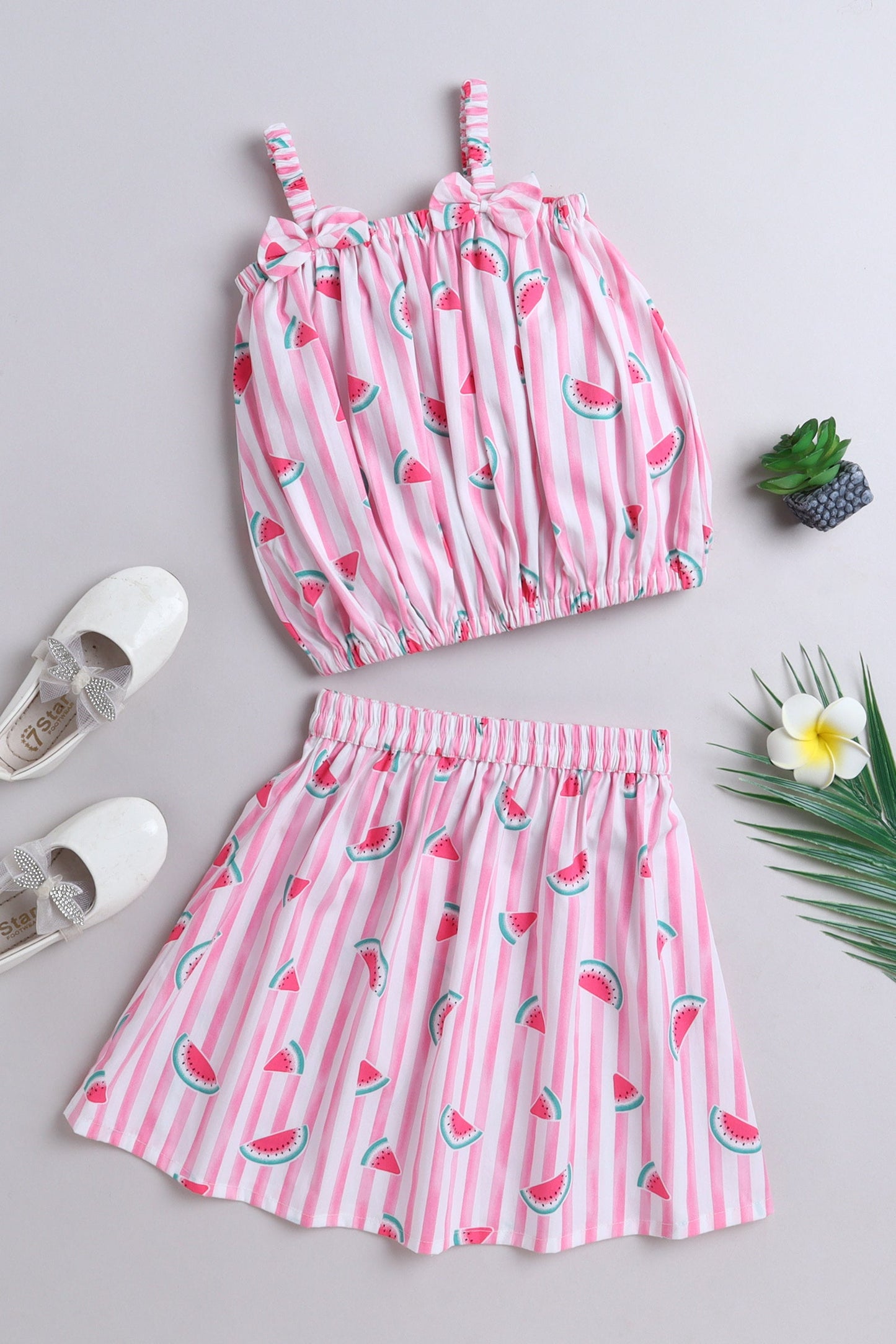 The Magic Wand Shoulder Strap Watermelon Printed Top & Skirt Set-Pink