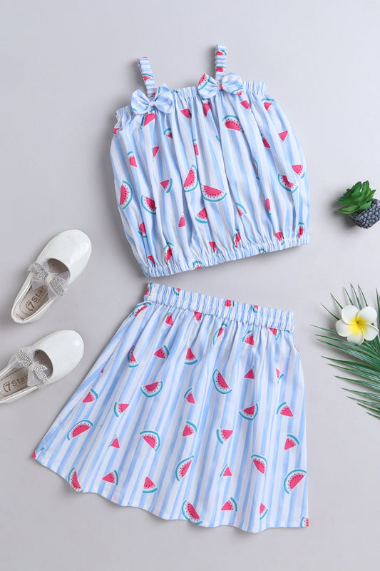 The Magic Wand Shoulder Strap Watermelon Printed Top & Skirt Set-Blue