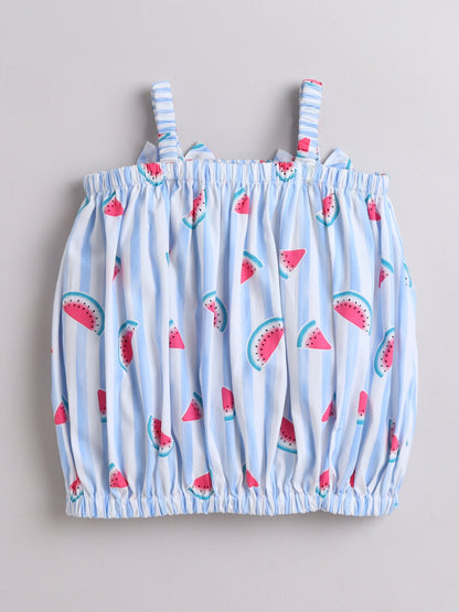 The Magic Wand Shoulder Strap Watermelon Printed Top & Skirt Set-Blue