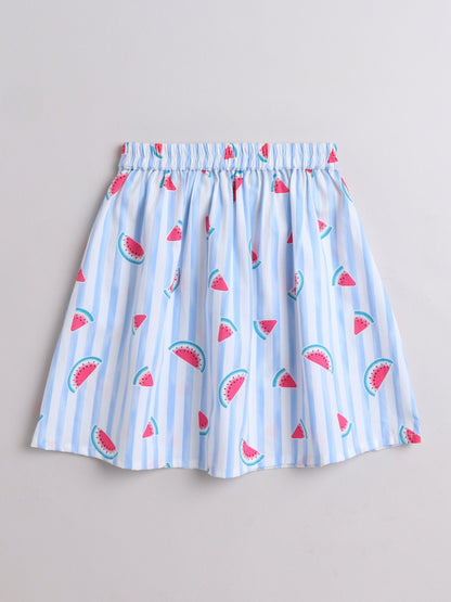 The Magic Wand Shoulder Strap Watermelon Printed Top & Skirt Set-Blue