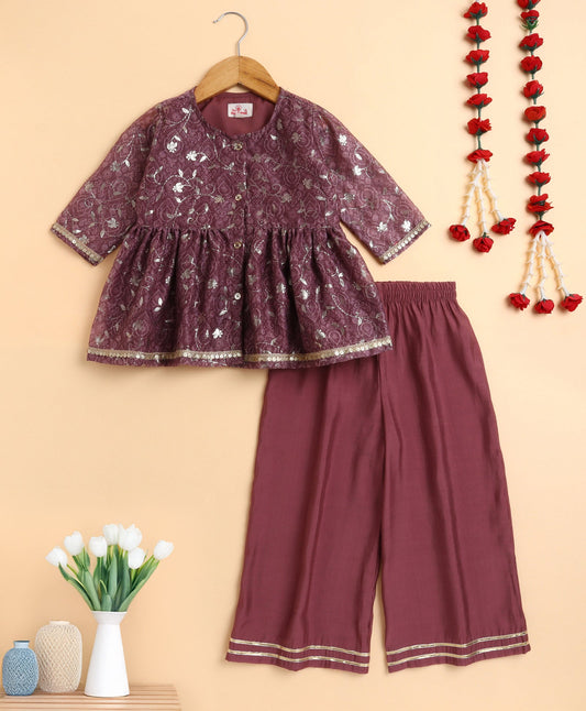 The Magic Wand Chanderi Woven Three Fourth Sleeves Foil Printed Gathered Top and Bottom Set- Pink