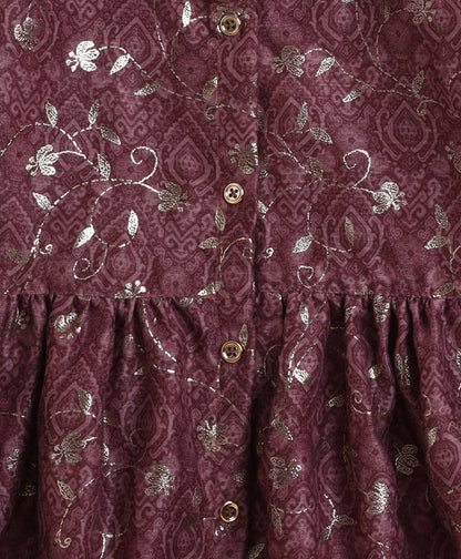 The Magic Wand Chanderi Woven Three Fourth Sleeves Foil Printed Gathered Top and Bottom Set- Pink