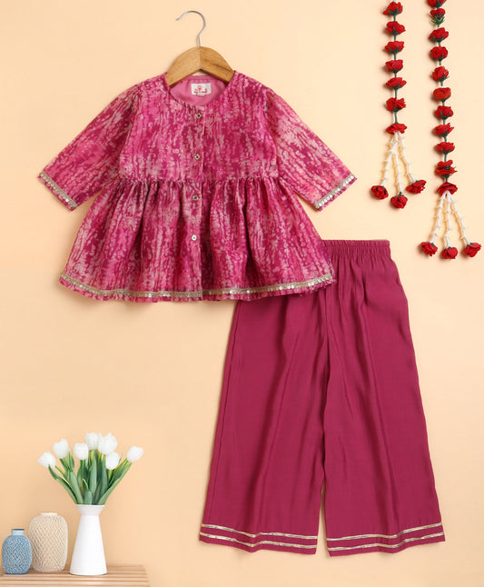The Magic Wand Chanderi Woven Three Fourth Sleeves Foil Printed Top and Bottom Set- Fuschia