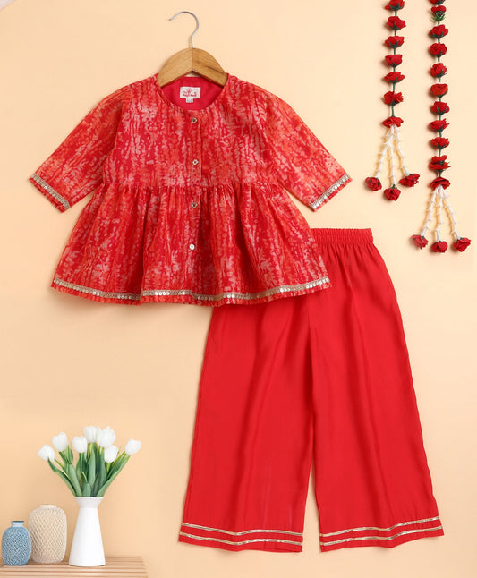 The Magic Wand Chanderi Woven Three Fourth Sleeves Foil Printed Top and Bottom Set- Red