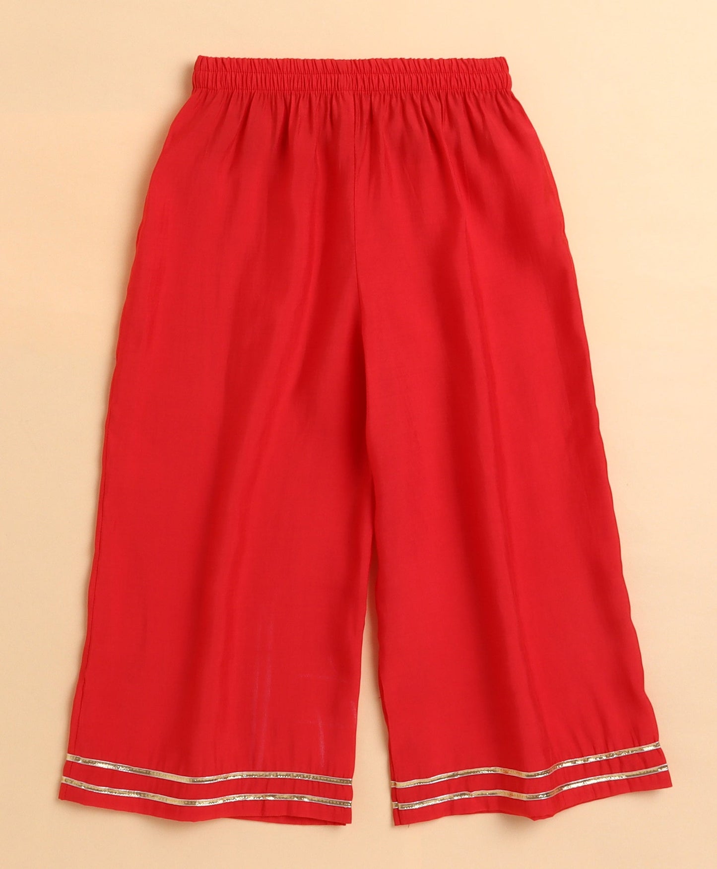 The Magic Wand Chanderi Woven Three Fourth Sleeves Foil Printed Top and Bottom Set- Red