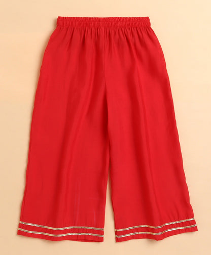 The Magic Wand Chanderi Woven Three Fourth Sleeves Foil Printed Top and Bottom Set- Red