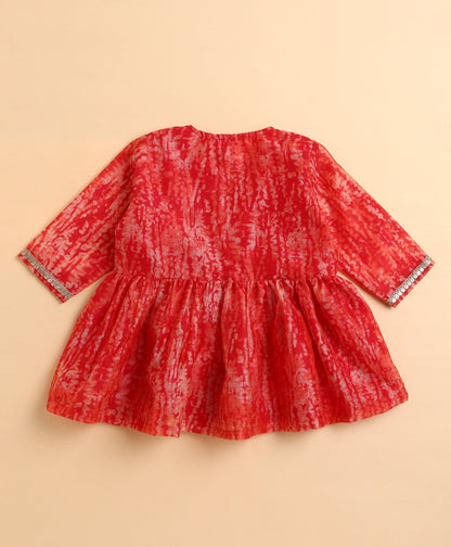 The Magic Wand Chanderi Woven Three Fourth Sleeves Foil Printed Top and Bottom Set- Red
