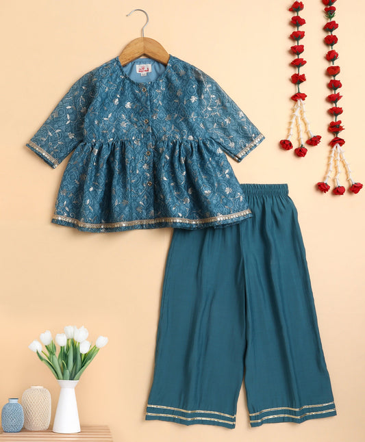 The Magic Wand Chanderi Woven Three Fourth Sleeves Foil Printed Top and Bottom Set- Teal Blue