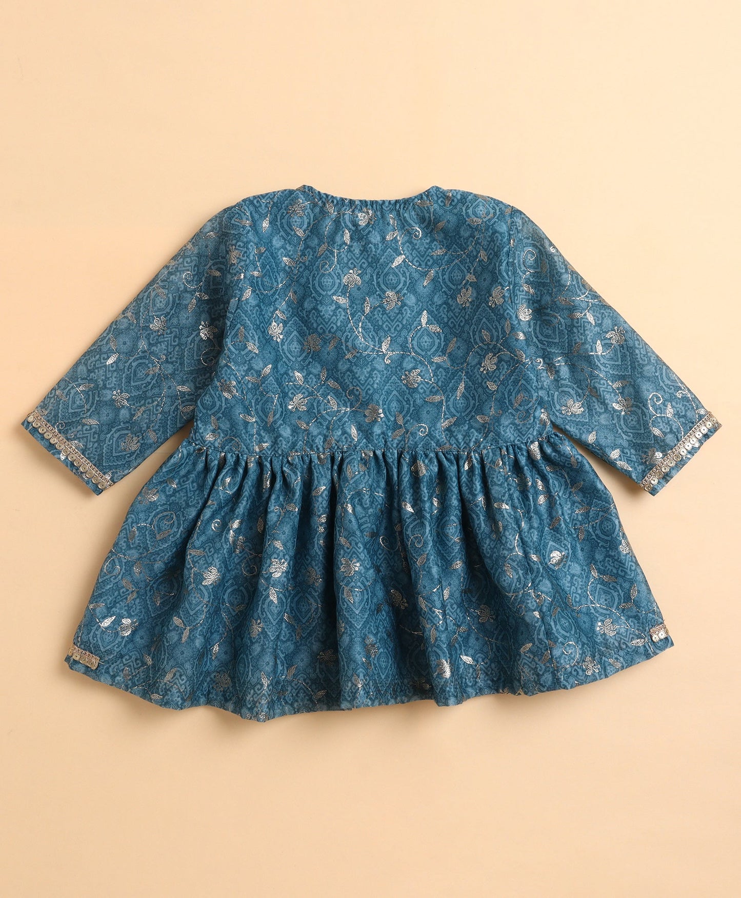 The Magic Wand Chanderi Woven Three Fourth Sleeves Foil Printed Top and Bottom Set- Teal Blue