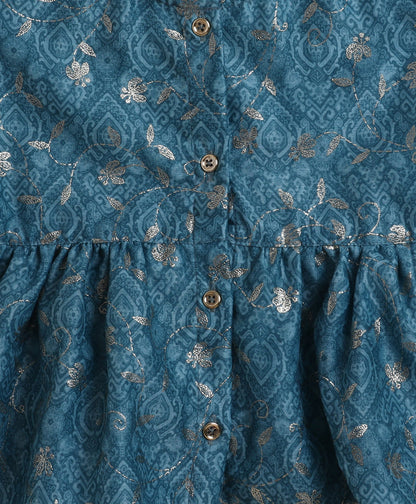 The Magic Wand Chanderi Woven Three Fourth Sleeves Foil Printed Top and Bottom Set- Teal Blue