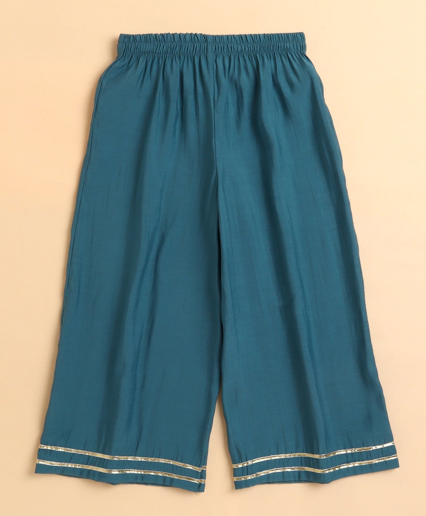 The Magic Wand Chanderi Woven Three Fourth Sleeves Foil Printed Top and Bottom Set- Teal Blue