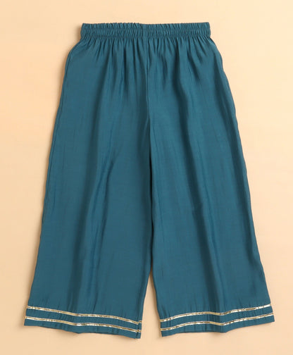 The Magic Wand Chanderi Woven Three Fourth Sleeves Foil Printed Top and Bottom Set- Teal Blue