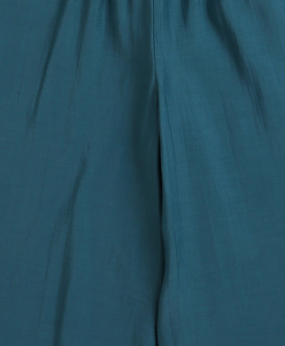 The Magic Wand Chanderi Woven Three Fourth Sleeves Foil Printed Top and Bottom Set- Teal Blue