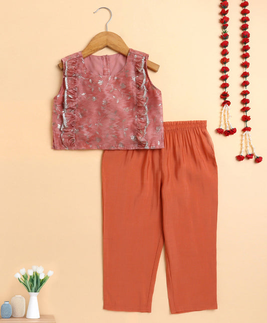 The Magic Wand Chanderi Woven Sleeves Foil Printed Top and Bottom Set - Peach