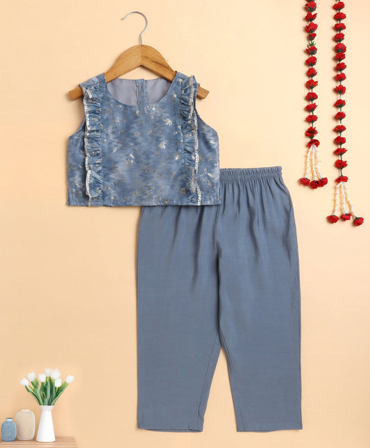 The Magic Wand Chanderi Woven Sleeveless Foil Printed Frill Top and Bottom Set- Grey