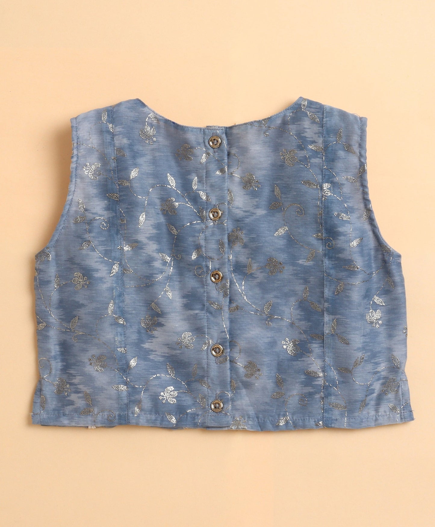 The Magic Wand Chanderi Woven Sleeveless Foil Printed Frill Top and Bottom Set- Grey