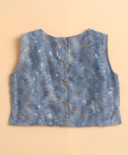 The Magic Wand Chanderi Woven Sleeveless Foil Printed Frill Top and Bottom Set- Grey