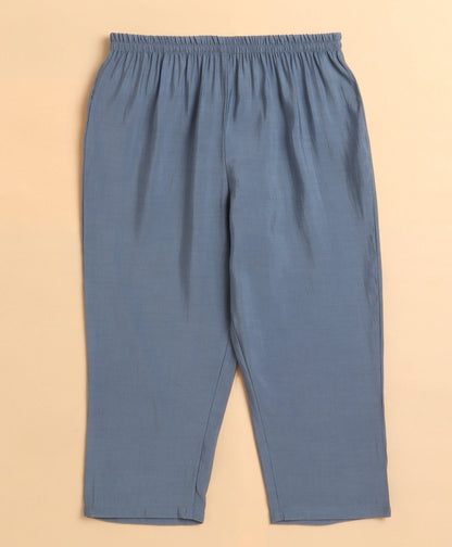 The Magic Wand Chanderi Woven Sleeveless Foil Printed Frill Top and Bottom Set- Grey