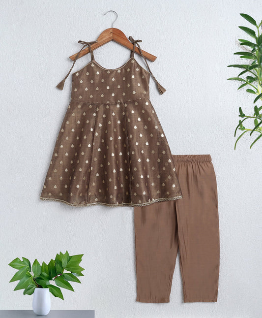 The Magic Wand Woven Shoulder Tie Ups Foil Printed Kurta & Pant Set - Brown