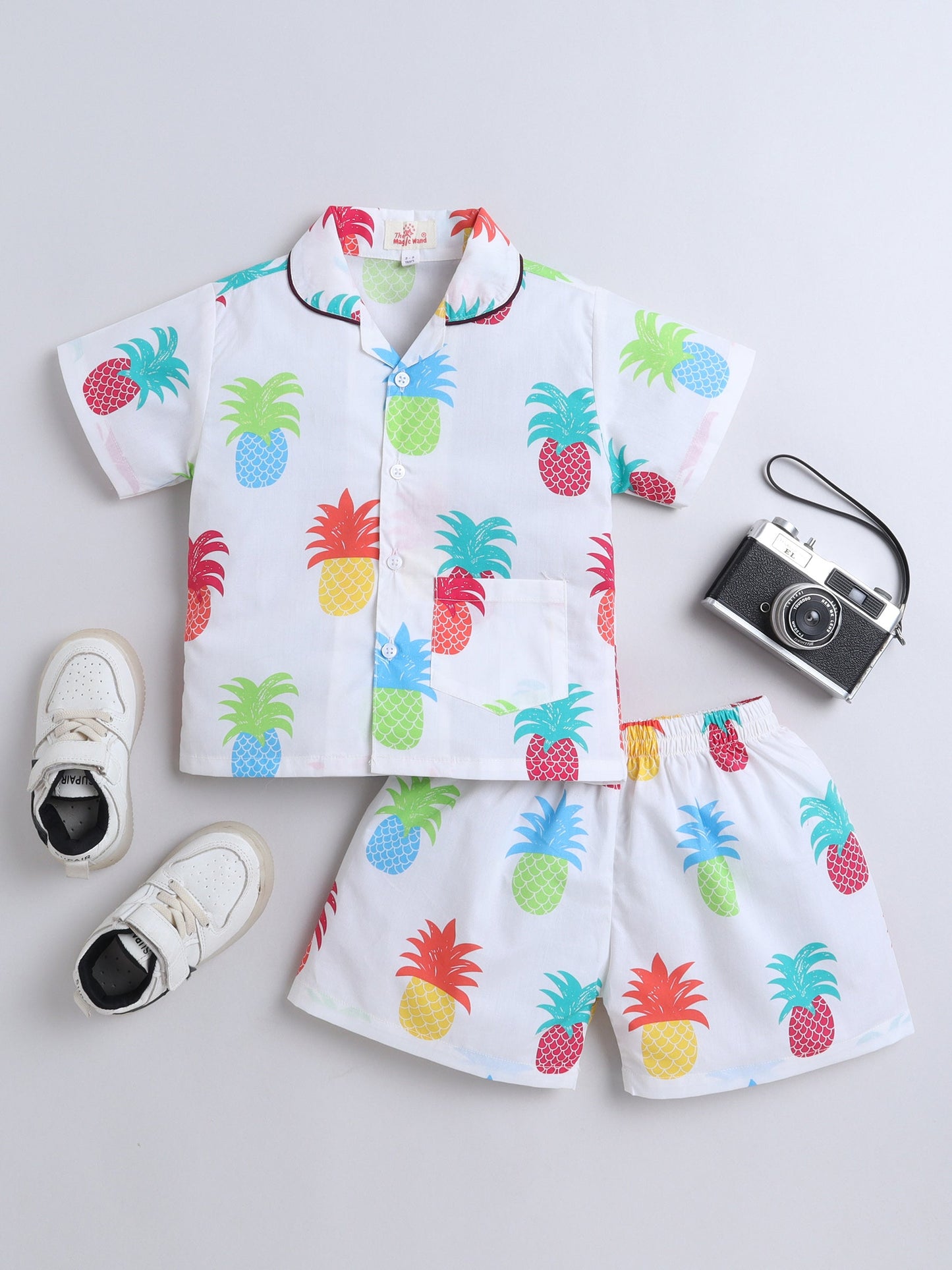 The Magic Wand Cotton Half Sleeves Pineapple Printed Night Suit Set - White
