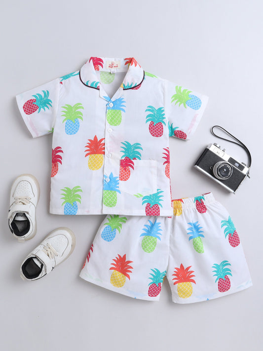 The Magic Wand Cotton Half Sleeves Pineapple Printed Night Suit Set - White