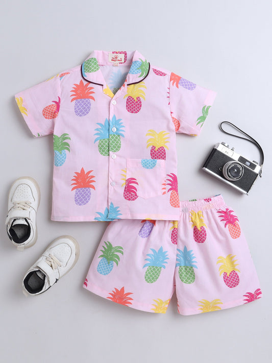 Cotton Woven Half Sleeves Pineapple Printed Coordinating Night Suit Set - Peach