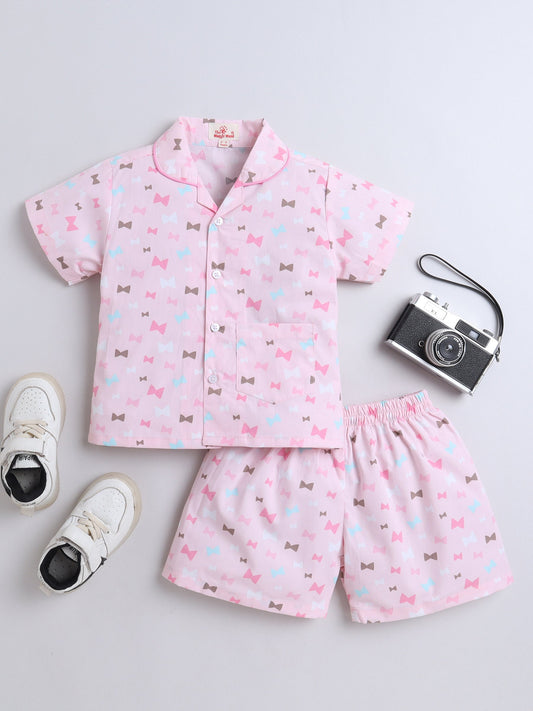 Cotton Woven Half Sleeves Bow Printed Coordinating Night Suit Set - Pink